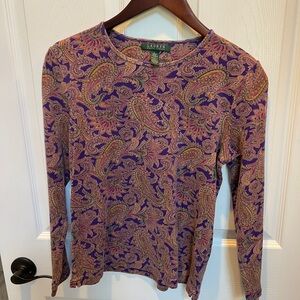 Ralph Lauren 100% Cotton Purple and Gold Paisley Longsleeve Top Sz S LIKE NEW